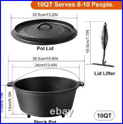 10 QT Pre-Seasoned Cast Iron Dutch Oven with Lid & Tripod for Outdoor Cooking
