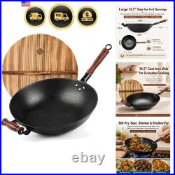 14.2 Inch Cast Iron Wok with Wooden Lid & Handle, Flat Bottom Stir Fry Wok Pa