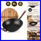 14.2 Inch Cast Iron Wok with Wooden Lid & Handle, Flat Bottom Stir Fry Wok Pa