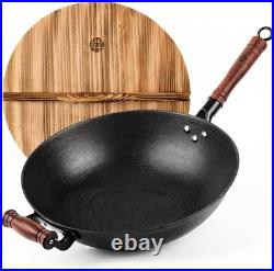 14.2 Inch Cast Iron Wok with Wooden Lid & Handle, Flat Bottom Stir Fry Wok Pa