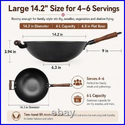 14.2 Inch Cast Iron Wok with Wooden Lid & Handle, Flat Bottom Stir Fry Wok Pa