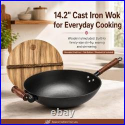 14.2 Inch Cast Iron Wok with Wooden Lid & Handle, Flat Bottom Stir Fry Wok Pa