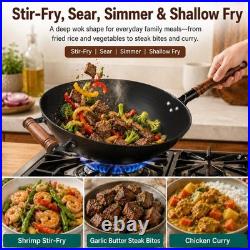 14.2 Inch Cast Iron Wok with Wooden Lid & Handle, Flat Bottom Stir Fry Wok Pa