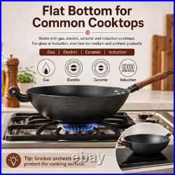 14.2 Inch Cast Iron Wok with Wooden Lid & Handle, Flat Bottom Stir Fry Wok Pa
