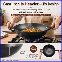 14.2 Inch Cast Iron Wok with Wooden Lid & Handle, Flat Bottom Stir Fry Wok Pa