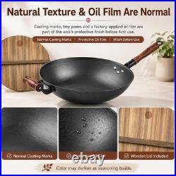 14.2 Inch Cast Iron Wok with Wooden Lid & Handle, Flat Bottom Stir Fry Wok Pa
