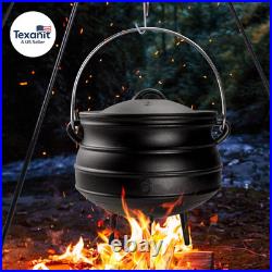 14QT Cast Iron Cauldron with Lid Heavy Duty Tripod Cookware Metal Handle Pre Sea