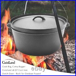 16QT Cast Iron Dutch Oven with Lip Lid & Bail Handle Extra Large Pre-Season