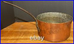 19th LARGE CENTURY ANTIQUE VINTAGE COPPER COOKING POT W CAST IRON HANDLE 5 X 9.5