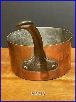 19th LARGE CENTURY ANTIQUE VINTAGE COPPER COOKING POT W CAST IRON HANDLE 5 X 9.5