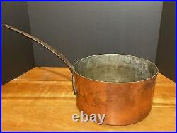 19th LARGE CENTURY ANTIQUE VINTAGE COPPER COOKING POT W CAST IRON HANDLE 5 X 9.5