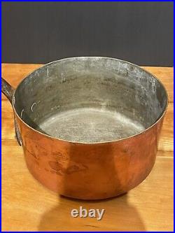 19th LARGE CENTURY ANTIQUE VINTAGE COPPER COOKING POT W CAST IRON HANDLE 5 X 9.5