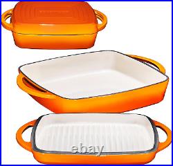 2-In-1 Square Enamel Cast Iron Dutch Oven with Handles, Pumpkin Spice Cast Iron