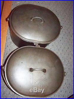 2 Matching Big Cast Iron Oval Pots, Kettles, 1301 LID 1300 A&b Bottoms
