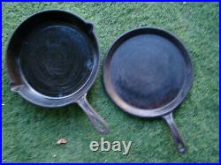 2 Vintage Cast Iron #8 Flat Griddle & Skillet Pan Heat Ring Gate Mark 1800s Nice