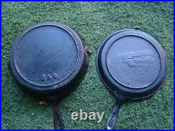 2 Vintage Cast Iron #8 Flat Griddle & Skillet Pan Heat Ring Gate Mark 1800s Nice