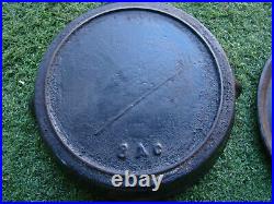 2 Vintage Cast Iron #8 Flat Griddle & Skillet Pan Heat Ring Gate Mark 1800s Nice