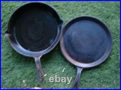 2 Vintage Cast Iron #8 Flat Griddle & Skillet Pan Heat Ring Gate Mark 1800s Nice