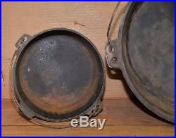 2 cast iron 3 footed dutch ovens No 10 huge # 16 antique collectible kettle pan