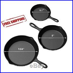 3 Pcs Set Pre-seasoned Cast Iron Skillet Stove Oven Fry Pans Pots Cookware Pan