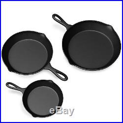 3 Pcs Set Pre-seasoned Cast Iron Skillet Stove Oven Fry Pans Pots Cookware Pan