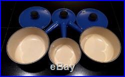 3 VINTAGE COUSANCES (LE CREUSET) ENAMELED, CAST IRON POTS #14 & #18s FRANCE GUC