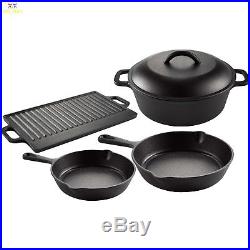 5Pc Cast Iron Cookware Set Pre-Seasoned Skillet Frying Pan Dutch Oven Griddle