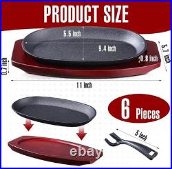 6 Pieces Oval Cast Iron Fajita Skillet Pan Set Small Sizzling Steak Plate with W