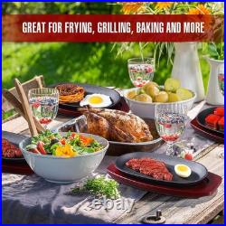 6 Pieces Oval Cast Iron Fajita Skillet Pan Set Small Sizzling Steak Plate with W