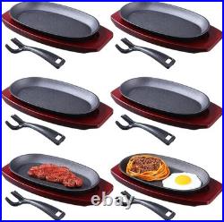 6 Pieces Oval Cast Iron Fajita Skillet Pan Set Small Sizzling Steak Plate with W