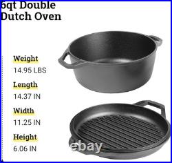 6 Qt Outdoor Cast Iron Double Dutch Oven Roaster Chef Collection LC6DD