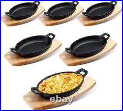 6 Sets Mini Cast Iron Skillets, Oval Fajita Plates with Wooden Base Dish Tray Ser