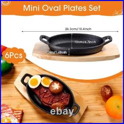 6 Sets Mini Cast Iron Skillets, Oval Fajita Plates with Wooden Base Dish Tray Ser