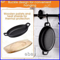 6 Sets Mini Cast Iron Skillets, Oval Fajita Plates with Wooden Base Dish Tray Ser