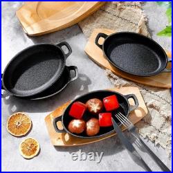 6 Sets Mini Cast Iron Skillets, Oval Fajita Plates with Wooden Base Dish Tray Ser