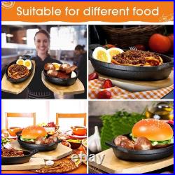 6 Sets Mini Cast Iron Skillets, Oval Fajita Plates with Wooden Base Dish Tray Ser