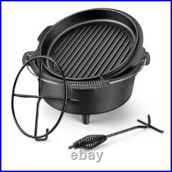 7 QT Cast Iron Dutch Oven, Large 2 in 1 Camp Pre-Seasoned Deep Pot & Lid Skil
