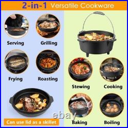 7 QT Cast Iron Dutch Oven, Large 2 in 1 Camp Pre-Seasoned Deep Pot & Lid Skil