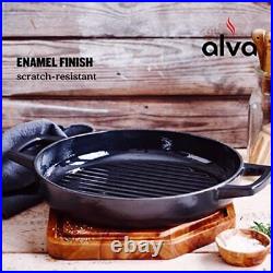 ALVA Nori Grill Pan 11, Cast Iron Pan with 2 Handles and Deep Grill Ridges