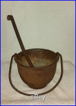 Antique 1848-1865 CIVIL War Cast Iron Heat Ring Cauldron Handled Pot & Laddle