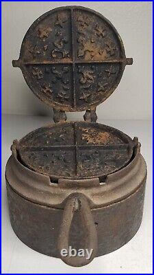 Antique 1800s Cast Iron Waffle Maker Primitive Kitchen Cookware Collectible