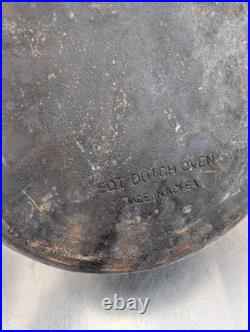 Antique Cast Iron Lidded Dutch Oven Marked Interior Dimensions 10x4 inch