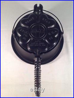 Antique Griswold Hearts And Star Cast Iron Waffle Iron With High Base