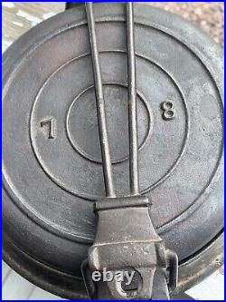 Antique Rare Diamond Pattern Cast Iron 7 / 8 Waffle Iron With Lift Handle (69)