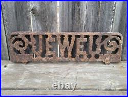 Antique Rustic Cast Iron Salvage Shelf Sign Jewel Stove Oven Furnace