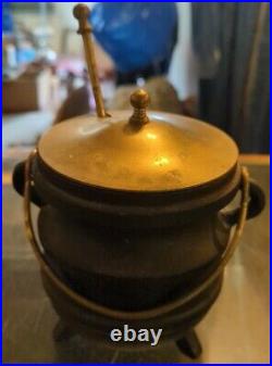 Antique Small Gypsy Pot Cauldron Cast Iron SMUDGE POT Brass Lid & Long Wand