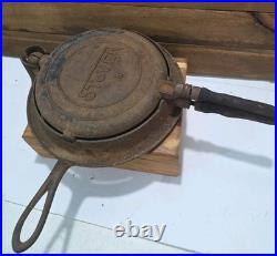 Antique Stover #8 Cast Iron Waffle Iron, Wood Handles, Rustic