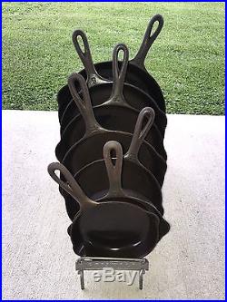 Antique Vintage Griswold Cast Iron Set Of 7 Skillets With Rack Rare Collection