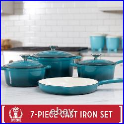 Basque Enameled Cast Iron Cookware Set, 7-Piece Set (Biscay Blue) Nonstick