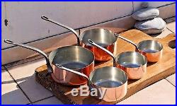 Beautiful French Set of 5 Copper Pans Sauce Pan Cast Iron Handles 9.04lbs